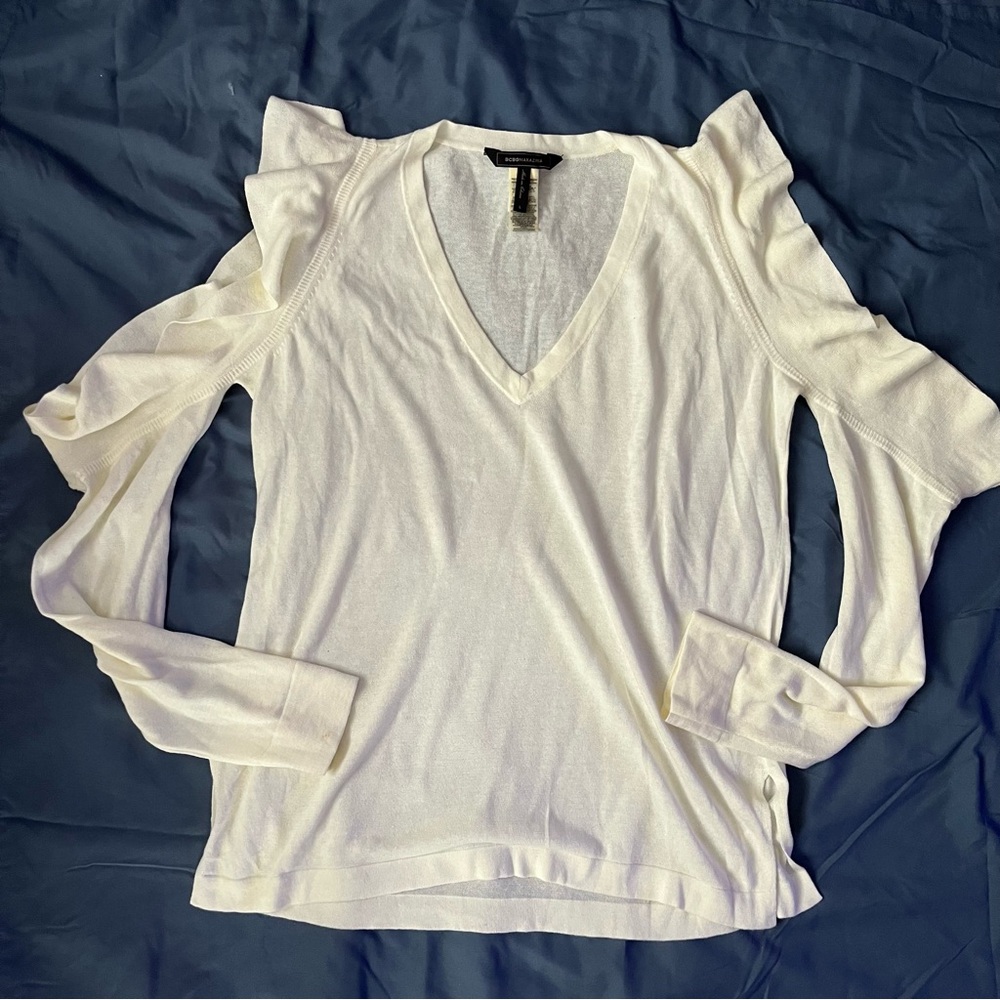 BCBGMaxAzria White Ruffled Cold-Shoulder Blouse